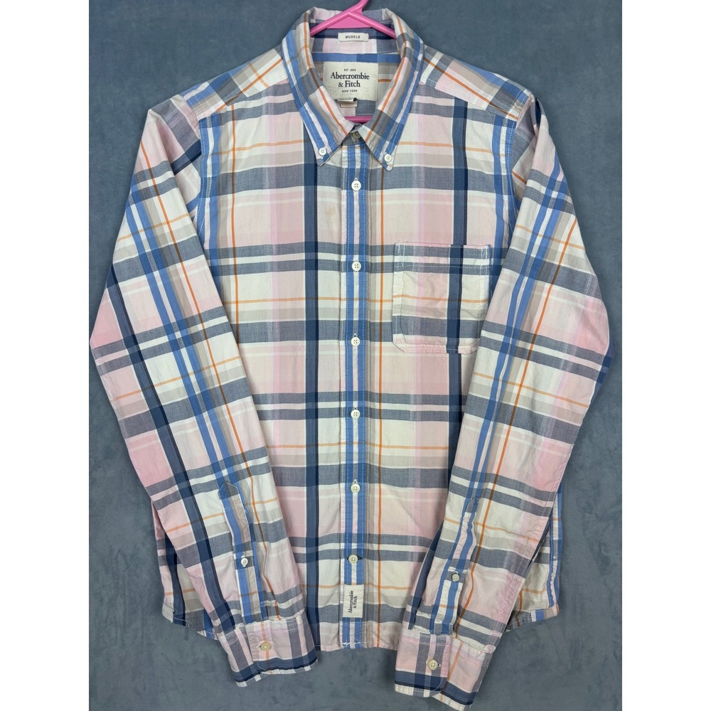 Abercrombie & Fitch Mens XXL Muscle Fit Plaid Button Down Shirt Pink Blue Cotton